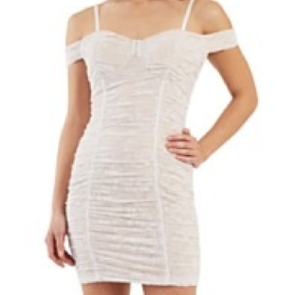 NWT! BCX White Formal Dress - Off the Shoulder Velvetey Lace Rusching - Size XS